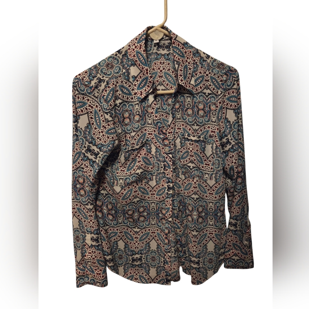 Express Portofino Blouse Shirt Convertible Sleeve Paisley Multicolor Size M